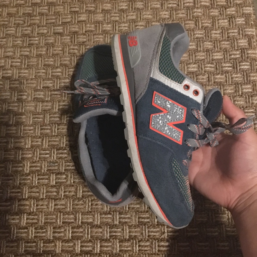 New balance 574 in orange, green (?) blue, & grey
